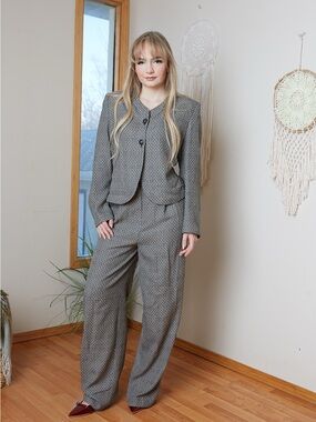 Vintage 90s  Womens Gray Patterned Wide-Leg Pantsuit - Classic Tailored Set 10